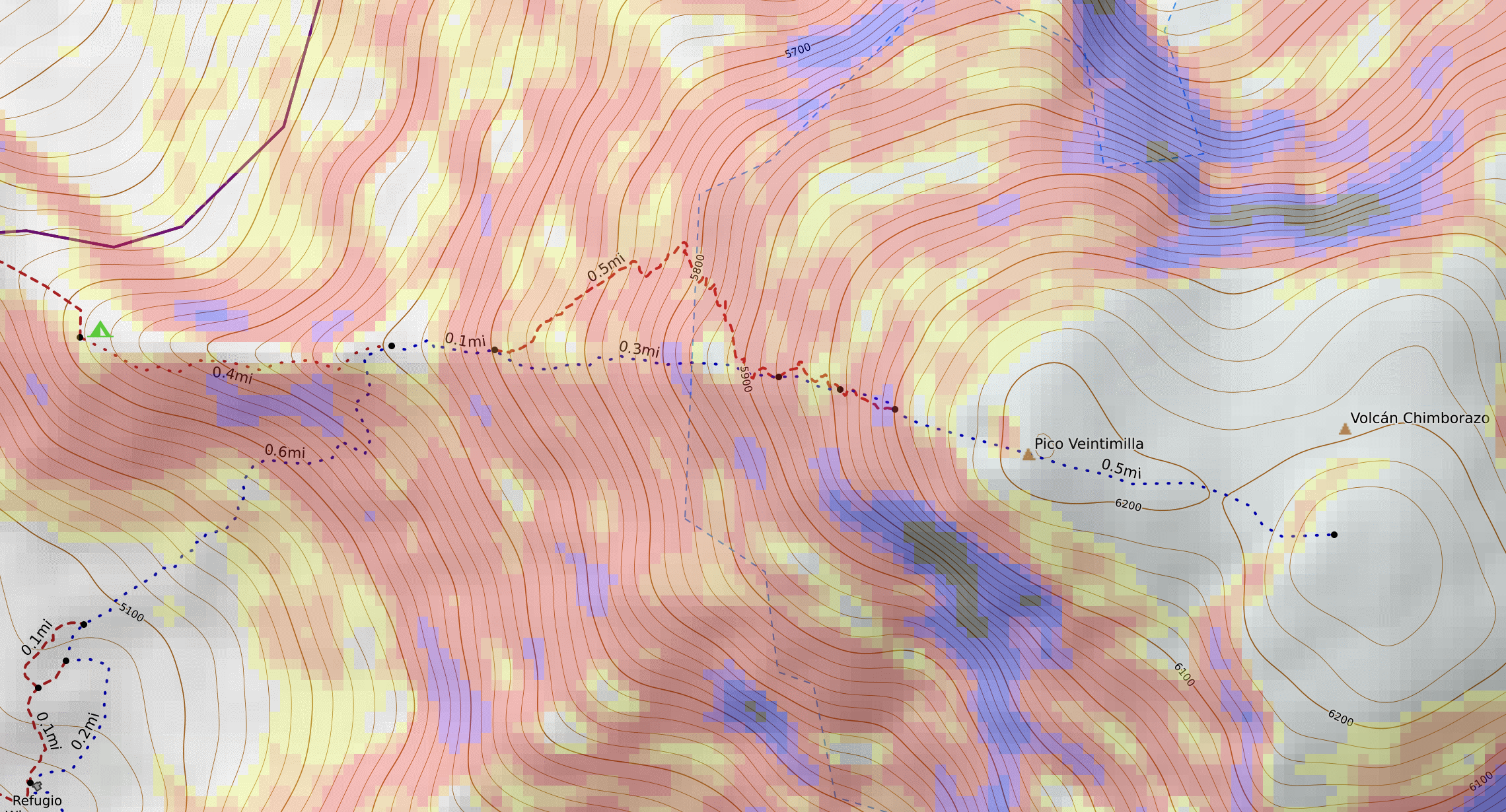 CalTopo map of the route from the high camp (green tent) to the summit.<br>Everything shaded in red is 35º, i.e., avalanche terrain. Notice how much of the route is on that...